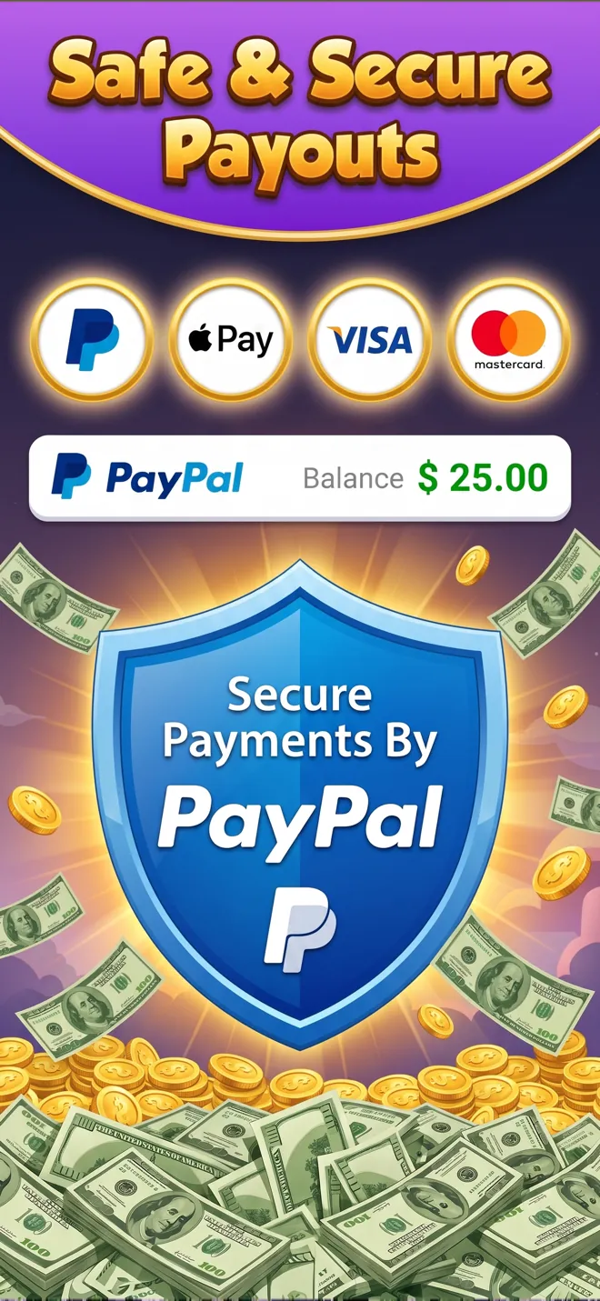 Bingo Prizes payouts screen with PayPal, Apple Pay, Visa and Mastercard logos