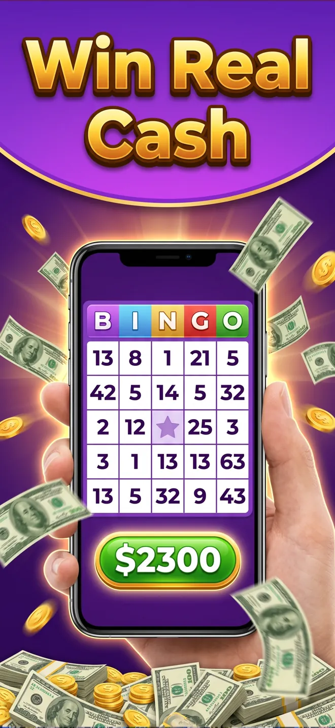 Bingo Prizes card on a phone under a Win Real Cash banner