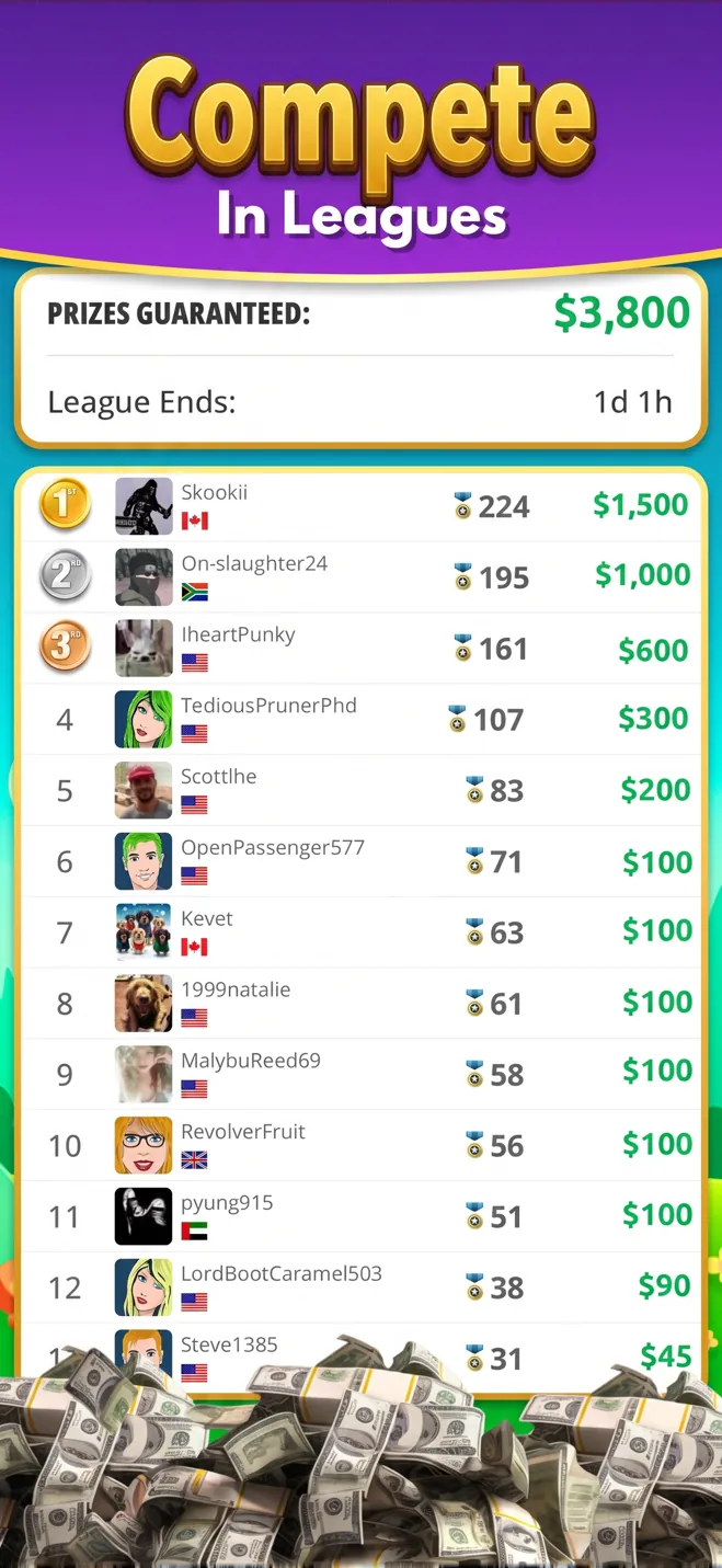 Word Money league leaderboard with guaranteed prizes