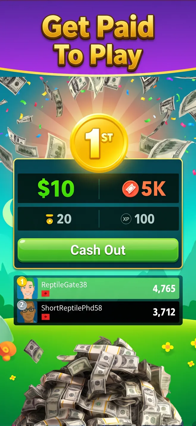 Word Money first-place result with a Cash Out button