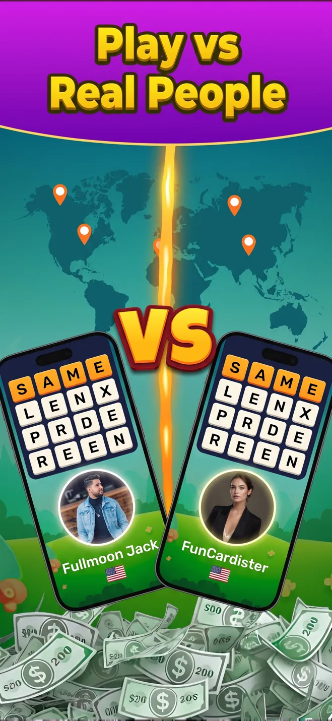 Two players facing off in Word Money