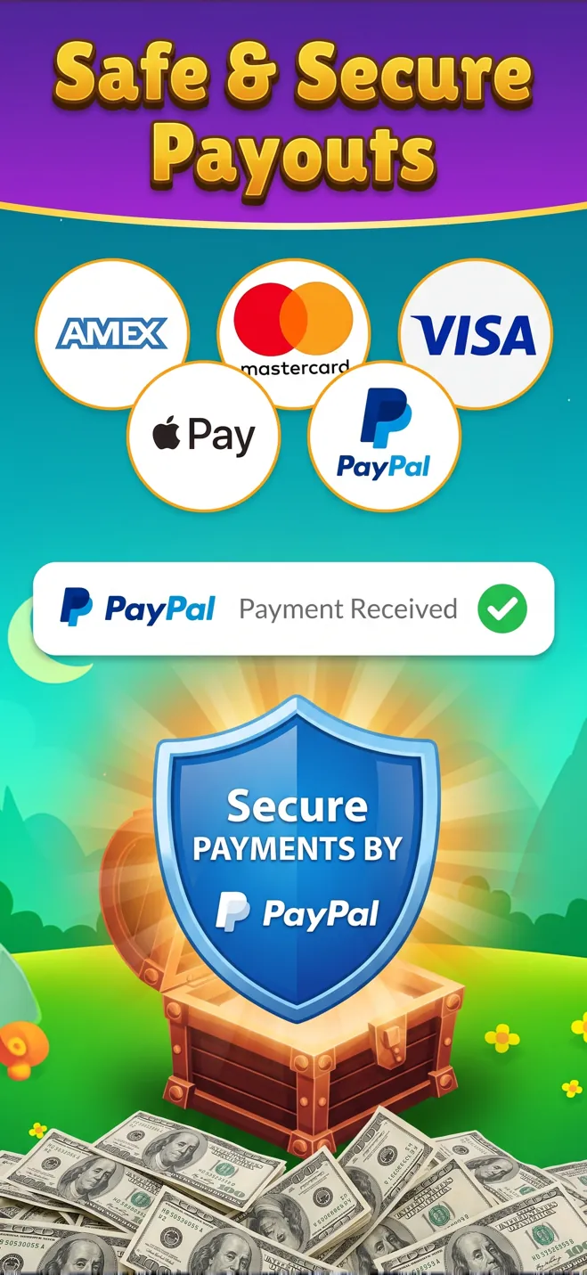 Word Money payouts screen with PayPal, Apple Pay, Visa, Mastercard and Amex logos