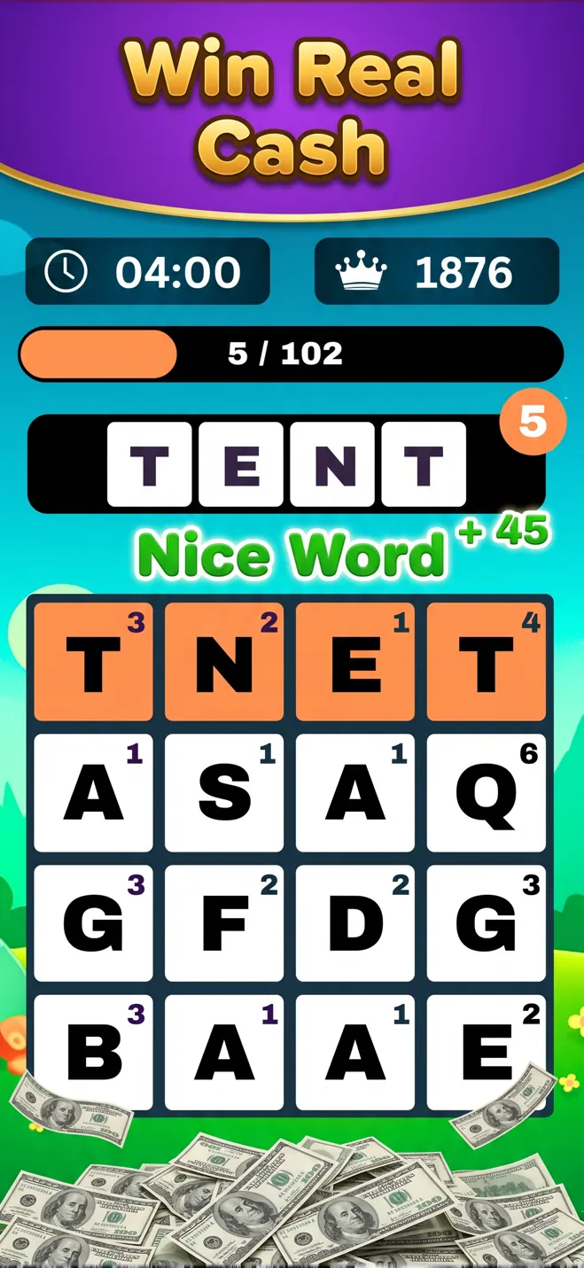 Word Money letter grid mid-match