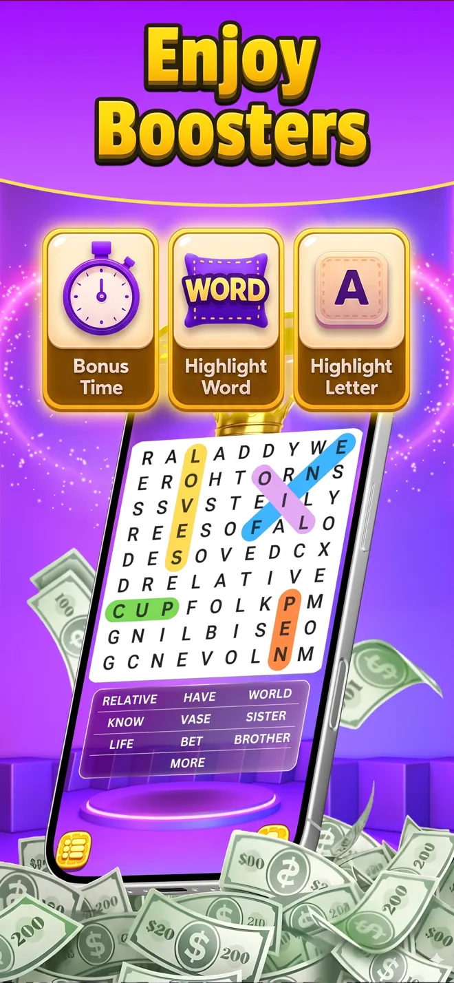 Word Search Cash boosters: Bonus Time, Highlight Word and Highlight Letter
