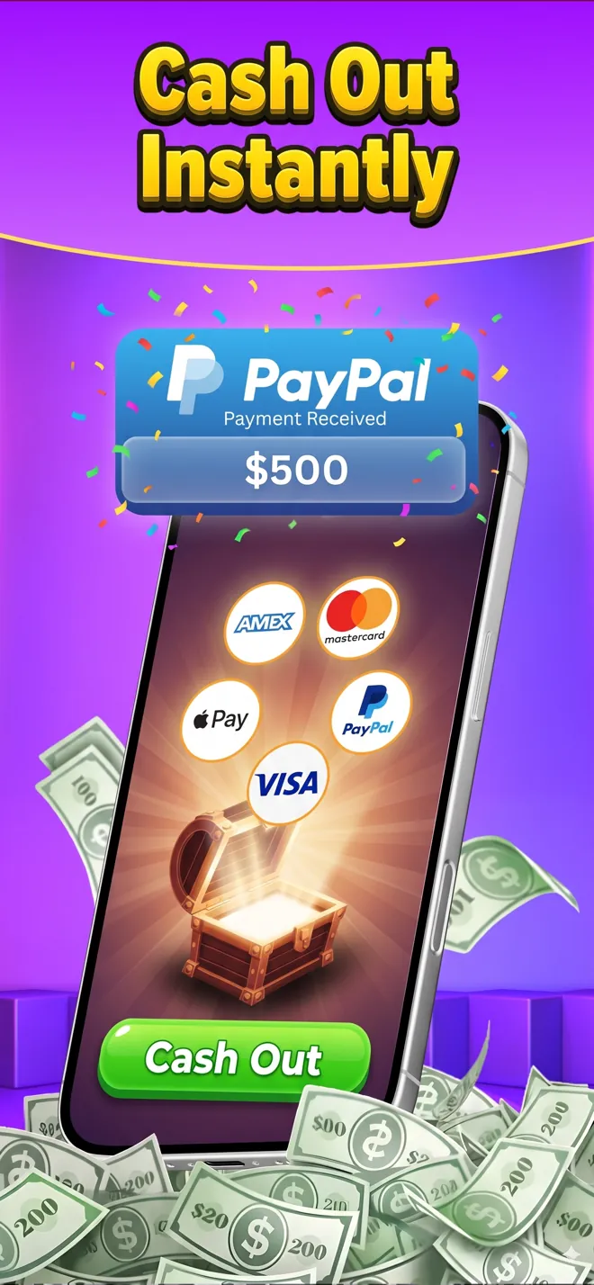 Word Search Cash payout screen with a Cash Out button