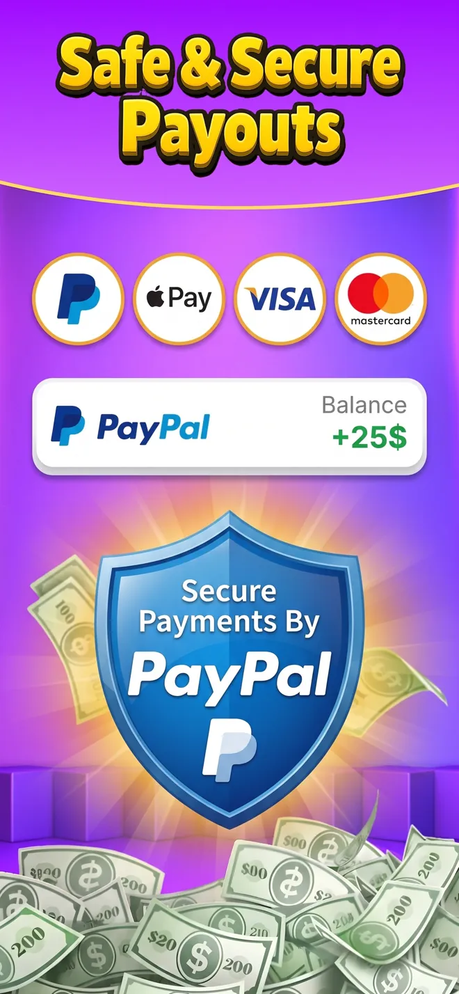 Word Search Cash payouts screen with PayPal, Apple Pay, Visa and Mastercard logos