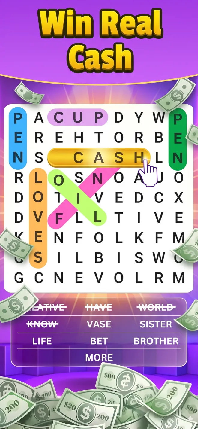 Word Search Cash grid with found words highlighted