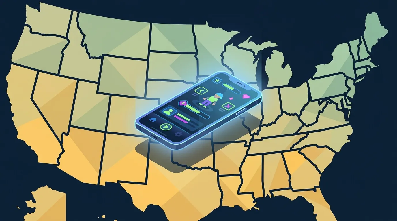 Stylized US map with mobile phone displaying a skill game