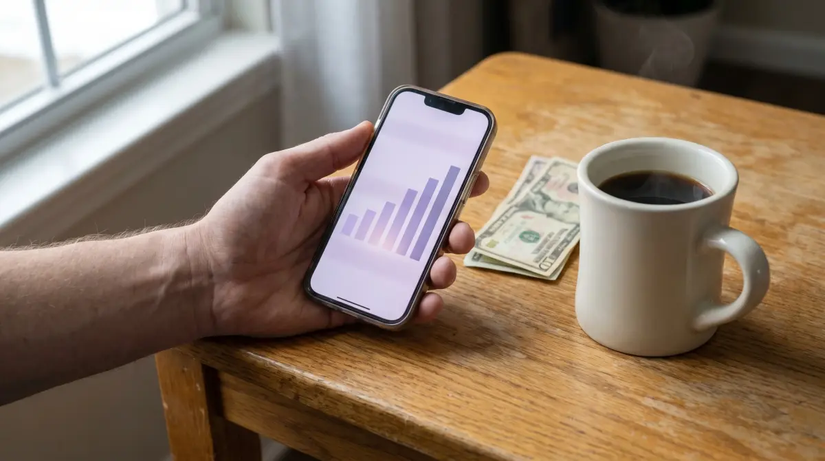 Hand holding a phone showing a modest earnings chart beside a coffee mug and small stack of bills