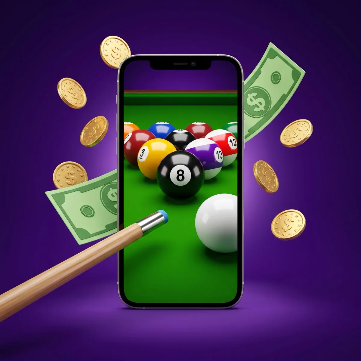 A smartphone showing an 8-ball pool break with the cue ball and numbered balls, a stack of gold coins and a match timer, on a deep purple background