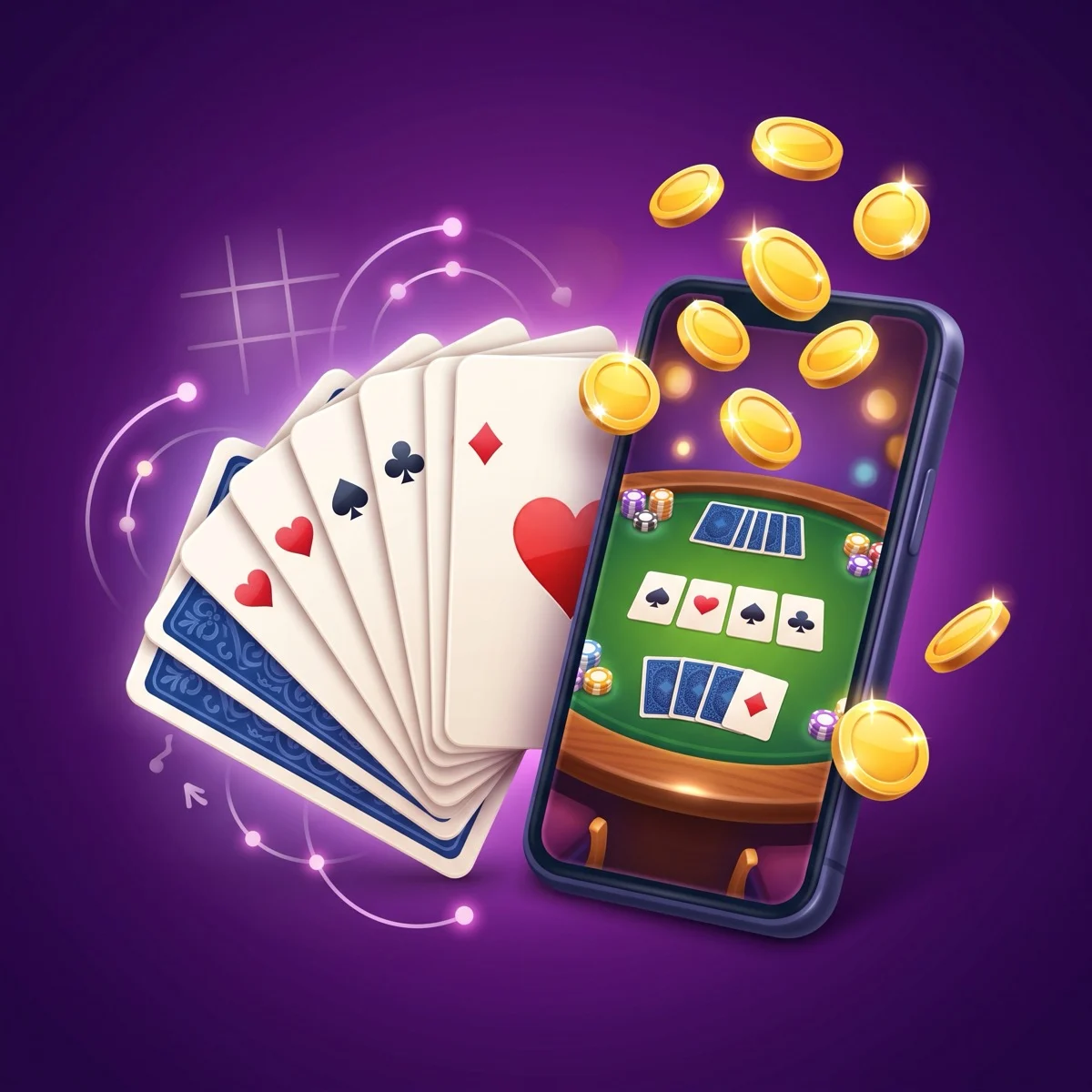 A fanned gin rummy hand beside a smartphone showing a cash match, with a floating overlay of probability numbers and a decision grid, on a deep purple background