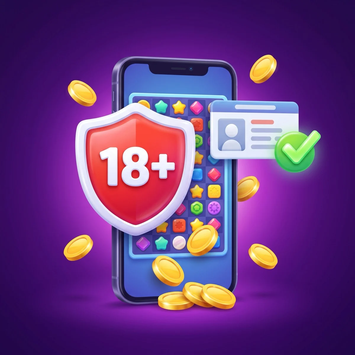 A glossy 3D smartphone showing a colorful mobile game with gold coins, a red shield badge reading 18 plus, and an ID card with a green check mark, on a deep purple background, illustrating the age requirement to play cash game apps