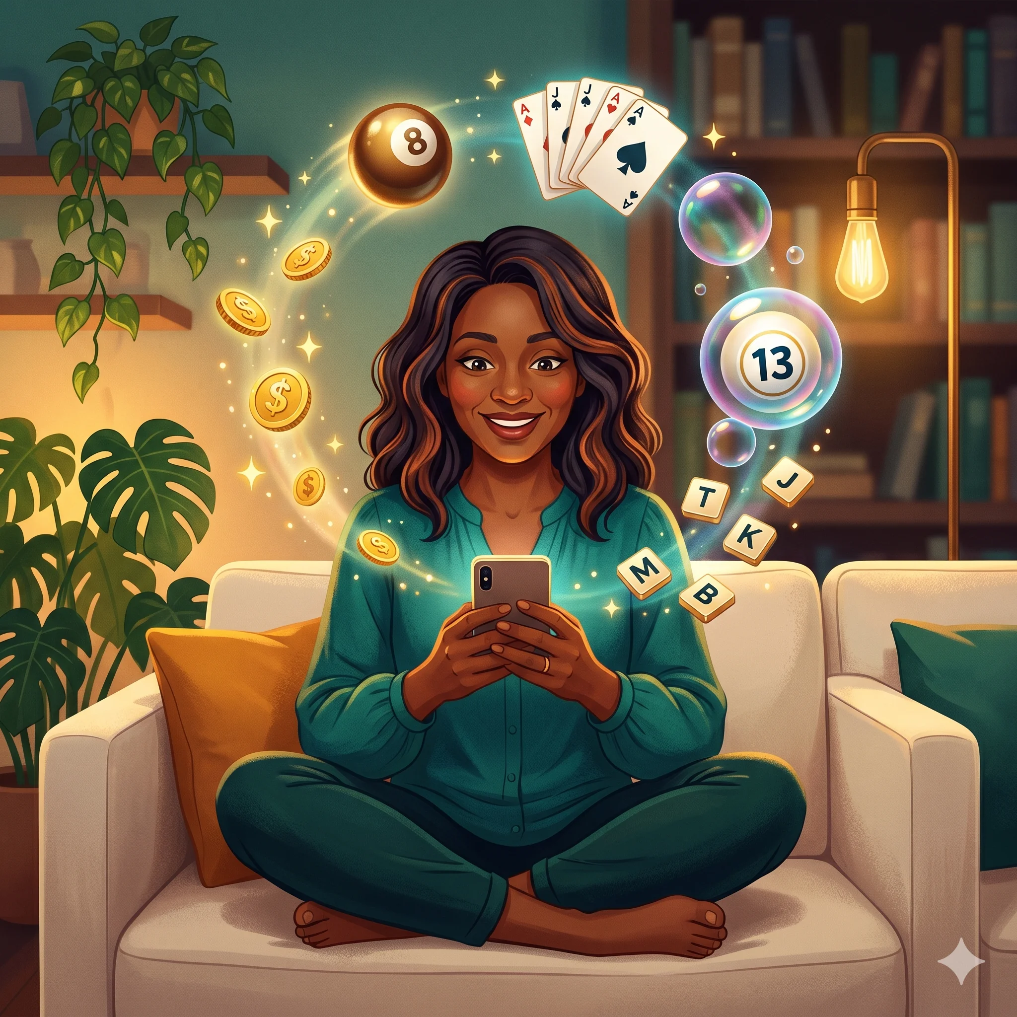 Woman sitting comfortably on a sofa, glowing game icons and gold coins floating around her smartphone