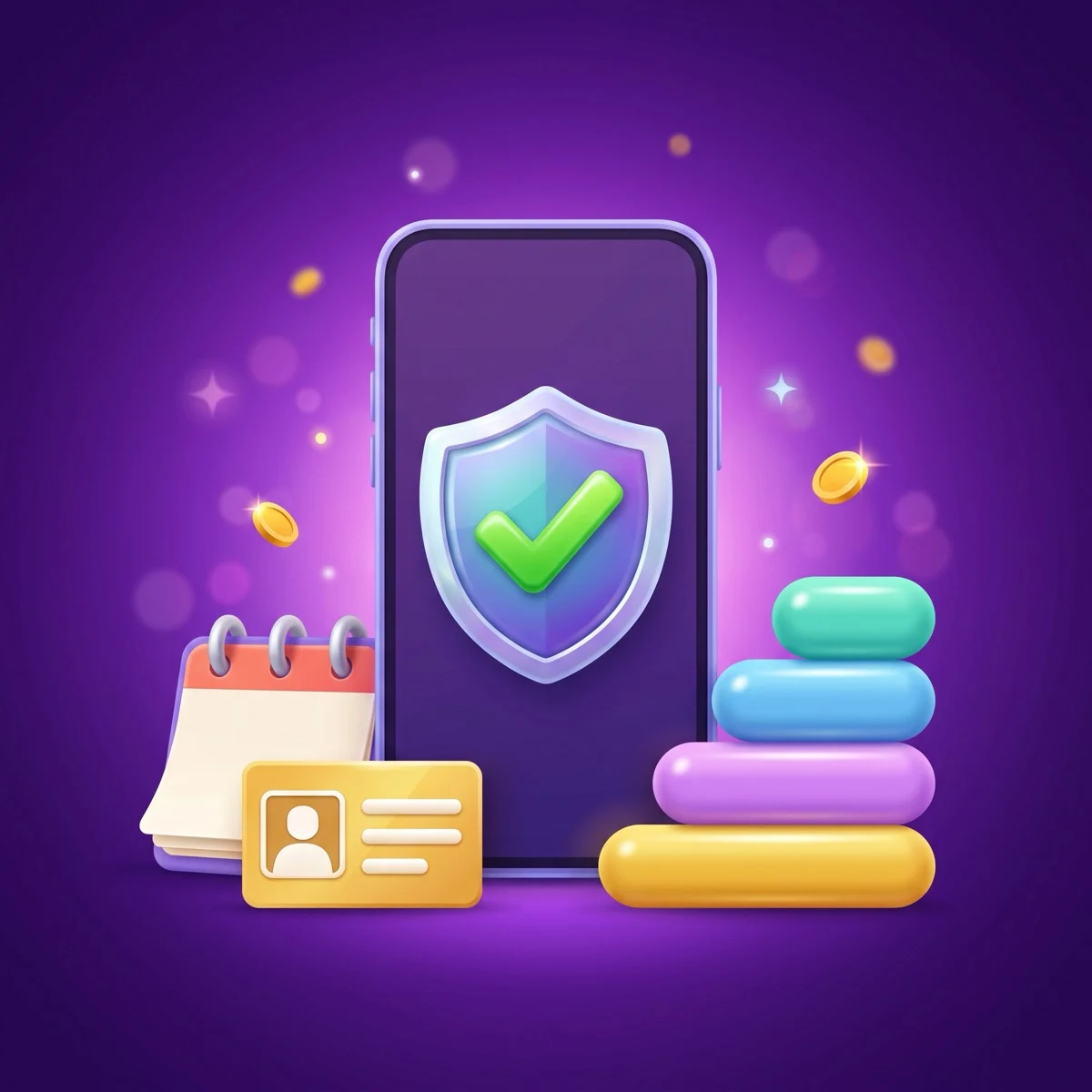 Glossy 3D cartoon smartphone on a deep purple background showing a shield with a green check mark, beside a blank desk calendar, a gold ID card and four stacked colored bars standing for age brackets