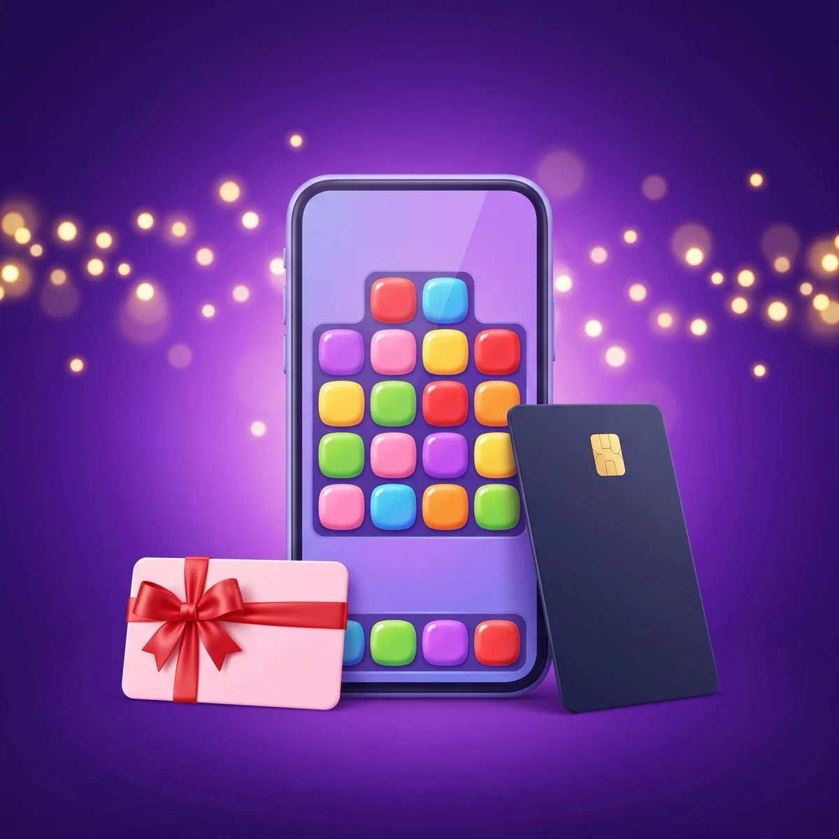 Glossy 3D cartoon of a purple smartphone showing colorful puzzle tiles, with a pink gift card tied in a red ribbon on one side and a plain dark bank card with a gold chip on the other, holiday lights glowing on a deep purple background