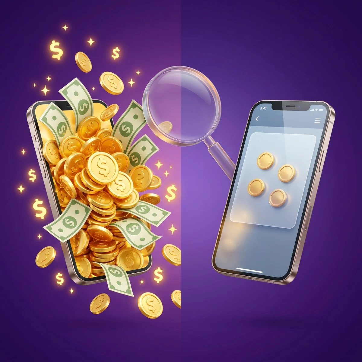 A split image contrasting an exaggerated win-money mobile game ad with cash raining down against a real phone showing a small, honest cash balance