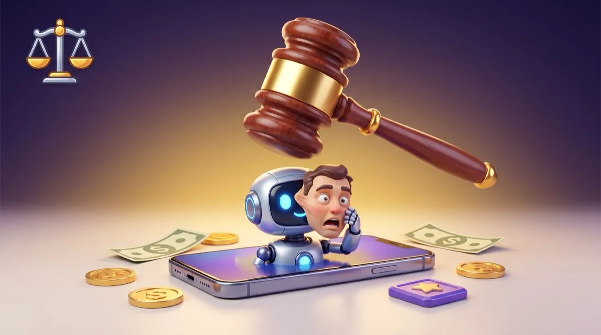 3D cartoon illustration of a judge's gavel coming down on a smartphone where a robot peels off a human face mask, surrounded by gold coins and a scales-of-justice icon — the AviaGames and Papaya skill-game bot lawsuits explained