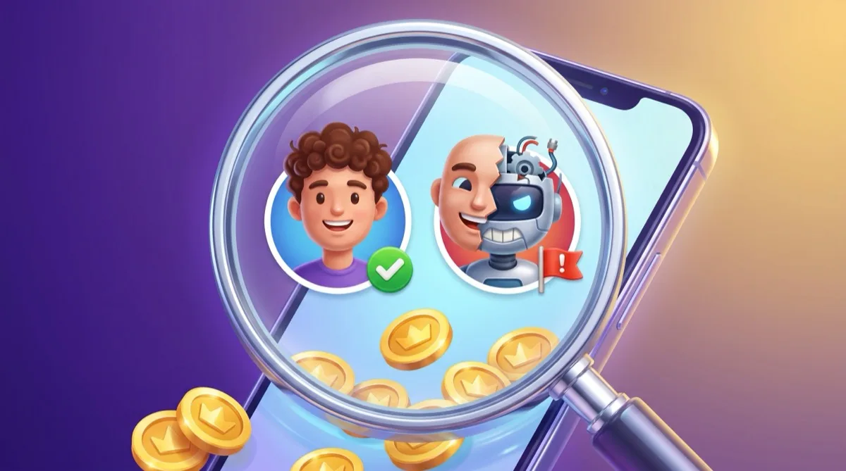 3D cartoon illustration of a magnifying glass over a phone showing a real human player with a green checkmark beside a robot in a human mask with a red warning flag — how to spot a bot opponent in a skill-based game