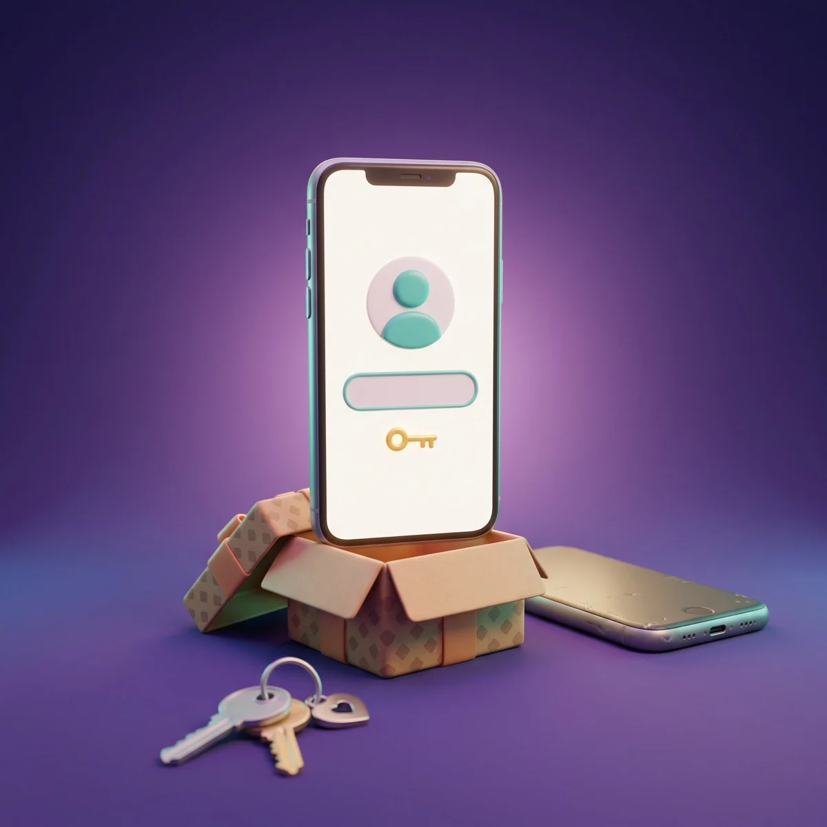 Glossy 3D cartoon of a new smartphone rising from an open gift box, its screen showing one profile avatar, an empty sign-in field and a gold key, with an older phone and a ring of house keys nearby on a deep purple background.
