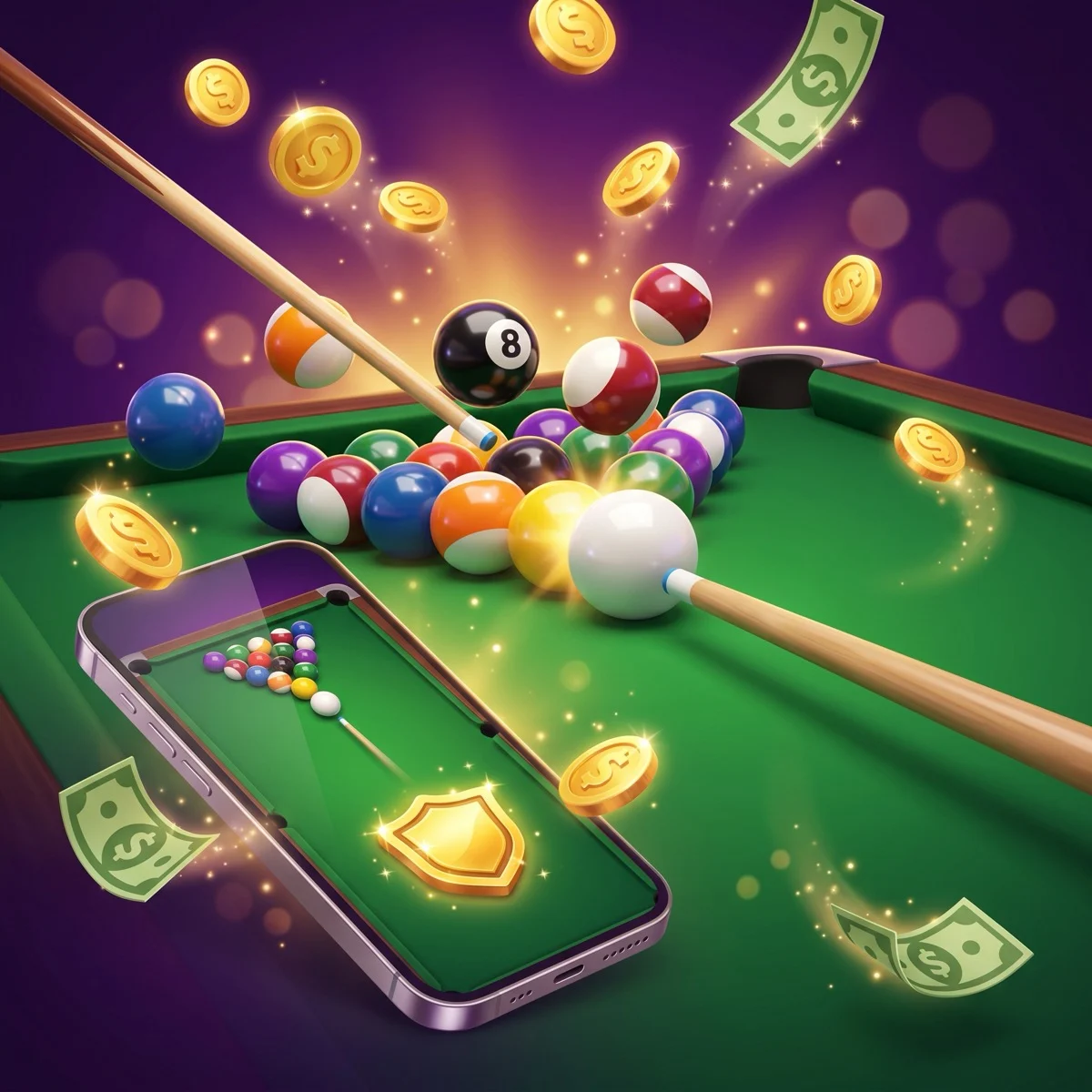 Glossy 3D cartoon illustration of an 8-ball pool break on a green-felt billiards table — a cue stick striking the white cue ball as the black eight-ball and colored balls scatter — with a smartphone in the foreground showing the pool match and a glowing gold cash-prize badge, surrounded by floating gold coins and green US dollar bills on a deep purple background