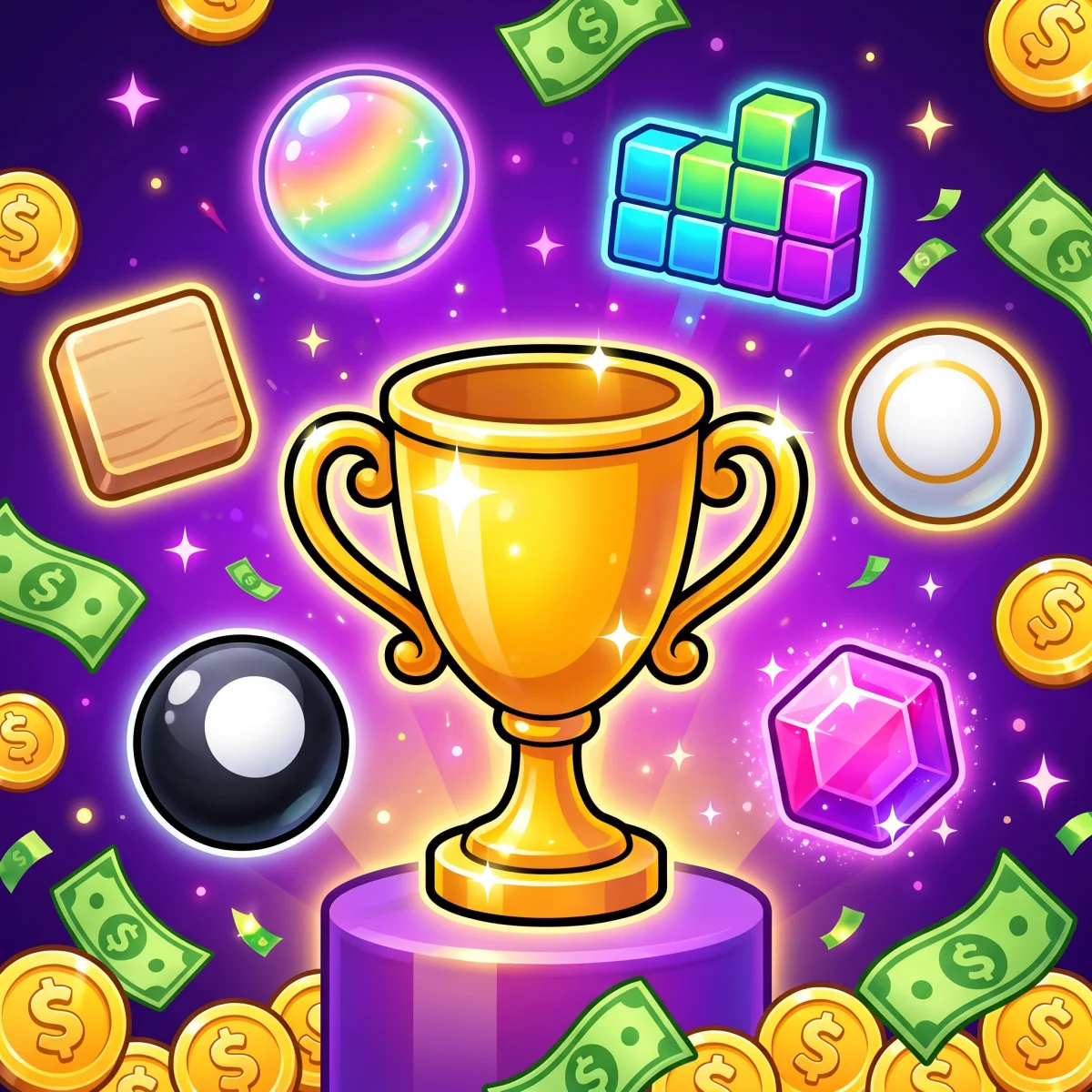 Glossy 3D cartoon illustration of a golden champion trophy surrounded by six floating game-category icons representing the best real cash games of 2026