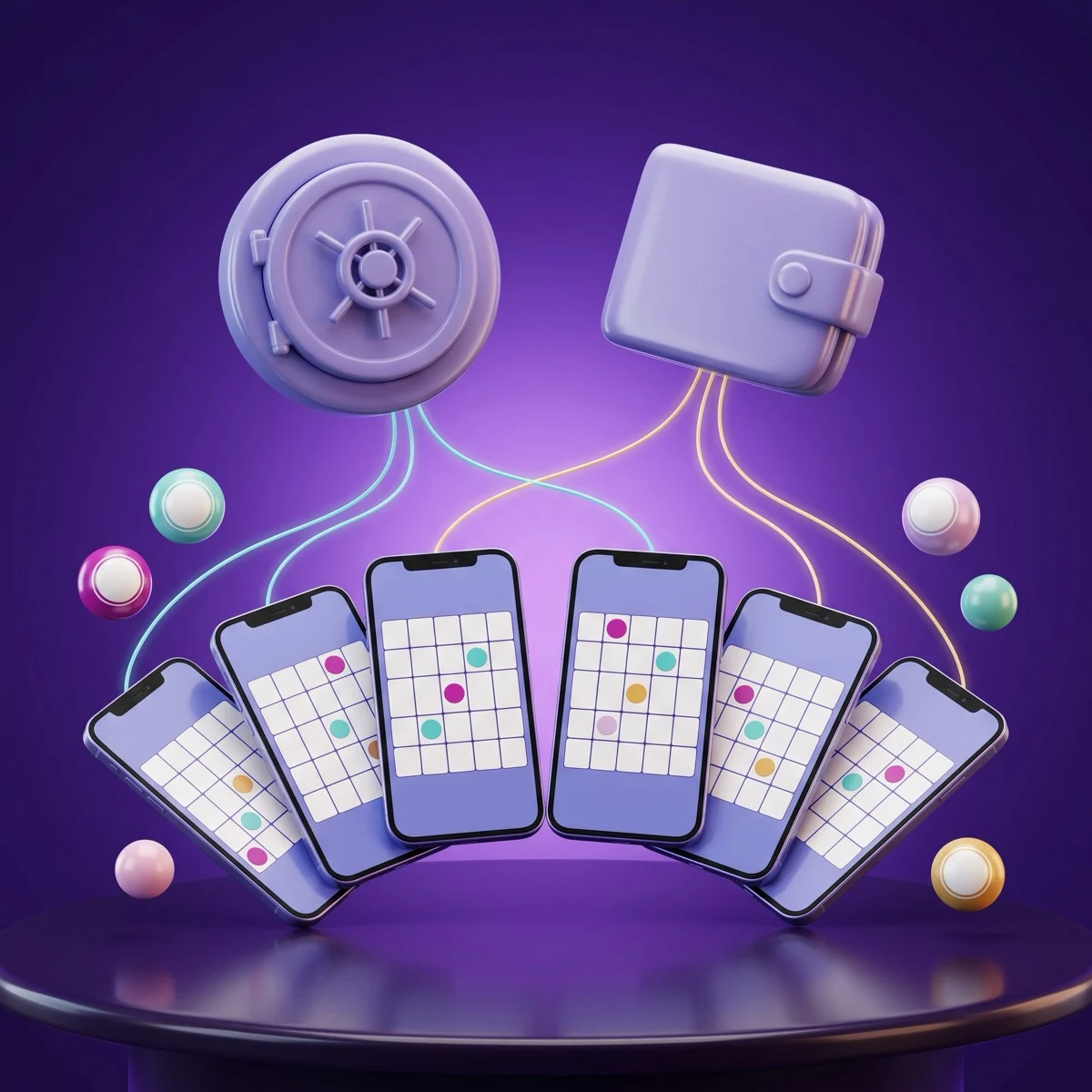 Glossy 3D cartoon of six smartphones fanned out on a dark round table, each showing a blank bingo grid with a few colored dots, with glowing teal and gold lines running up to a round vault door and a purple wallet, pastel bingo balls floating nearby on a deep purple background