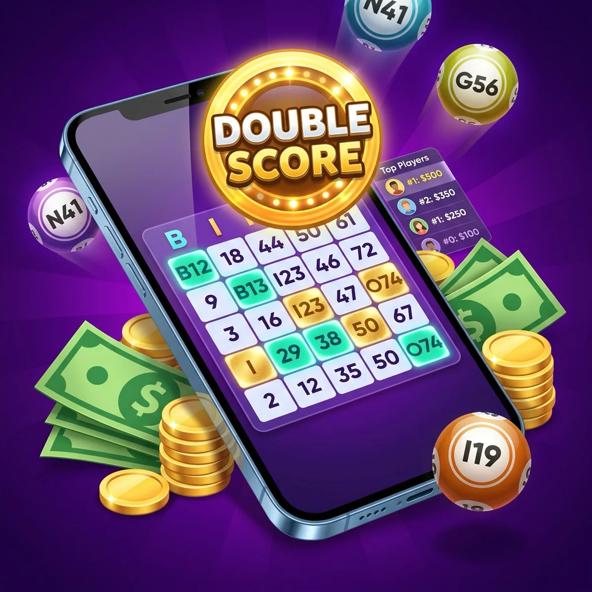 Glossy 3D cartoon illustration of a real-money bingo game on a smartphone with several squares daubed in teal and gold, a glowing DOUBLE SCORE power-up badge, a top-players leaderboard, numbered bingo balls, and chunky gold coins and green US dollar bills floating on a deep purple radial background