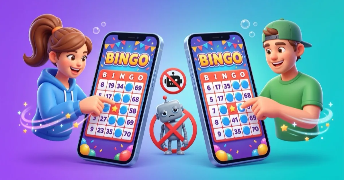 3D cartoon illustration of two smartphones side by side showing the identical Blackout Bingo board, with two human players racing to daub numbers and a crossed-out robot between them, showing that opponents are real people on the same seeded board, not bots