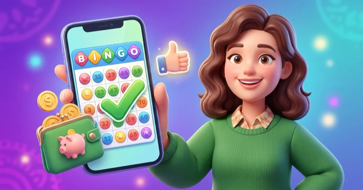 3D cartoon illustration of a smiling person holding a phone with a Blackout Bingo card, a green check mark and thumbs up, beside a wallet with a piggy bank and a few gold coins, showing smart small-stakes play