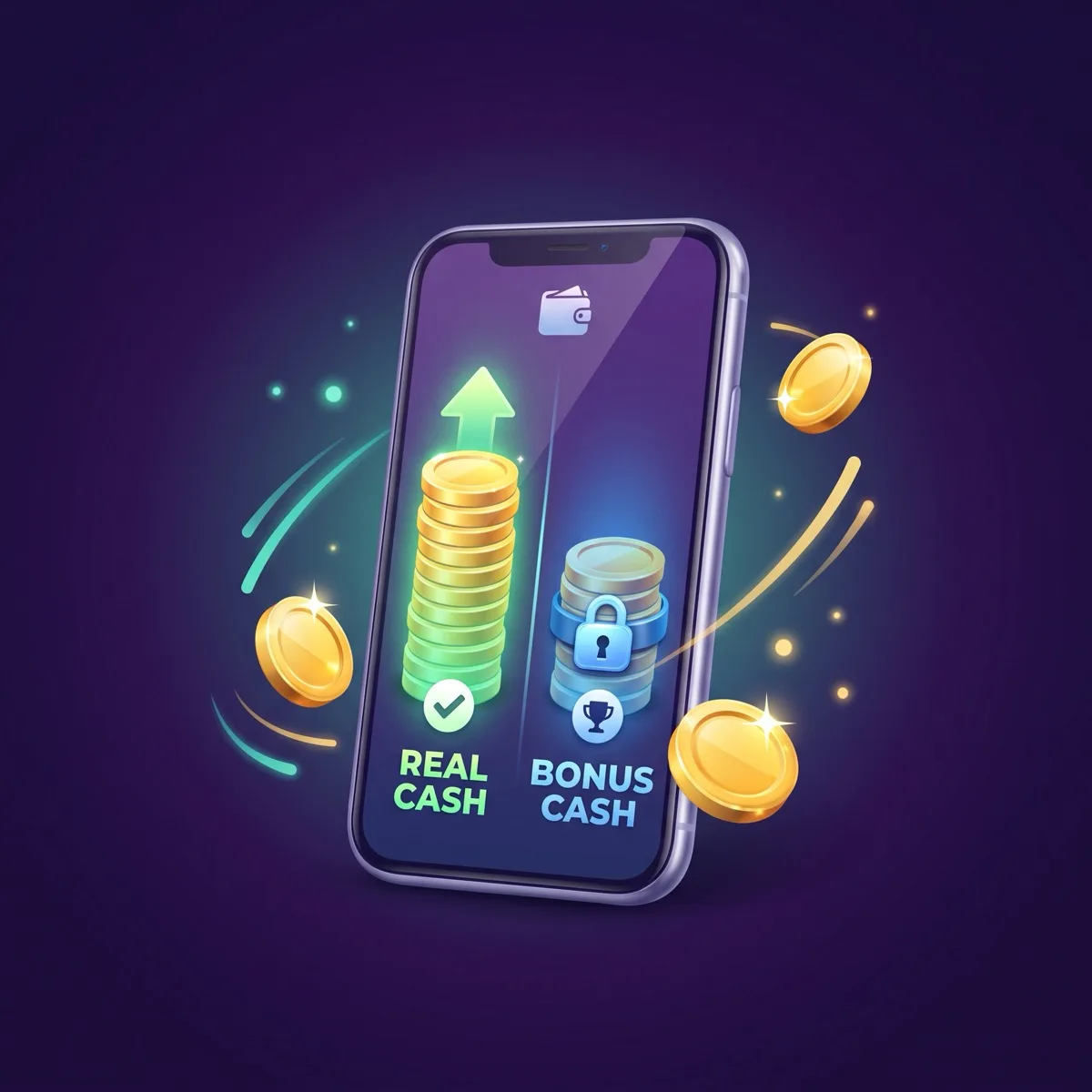 A game app wallet split into two coin stacks — a green 'Real Cash' stack with a checkmark and a payout arrow, and a shorter locked blue 'Bonus Cash' stack with a padlock and a tournament chip, on a deep purple background