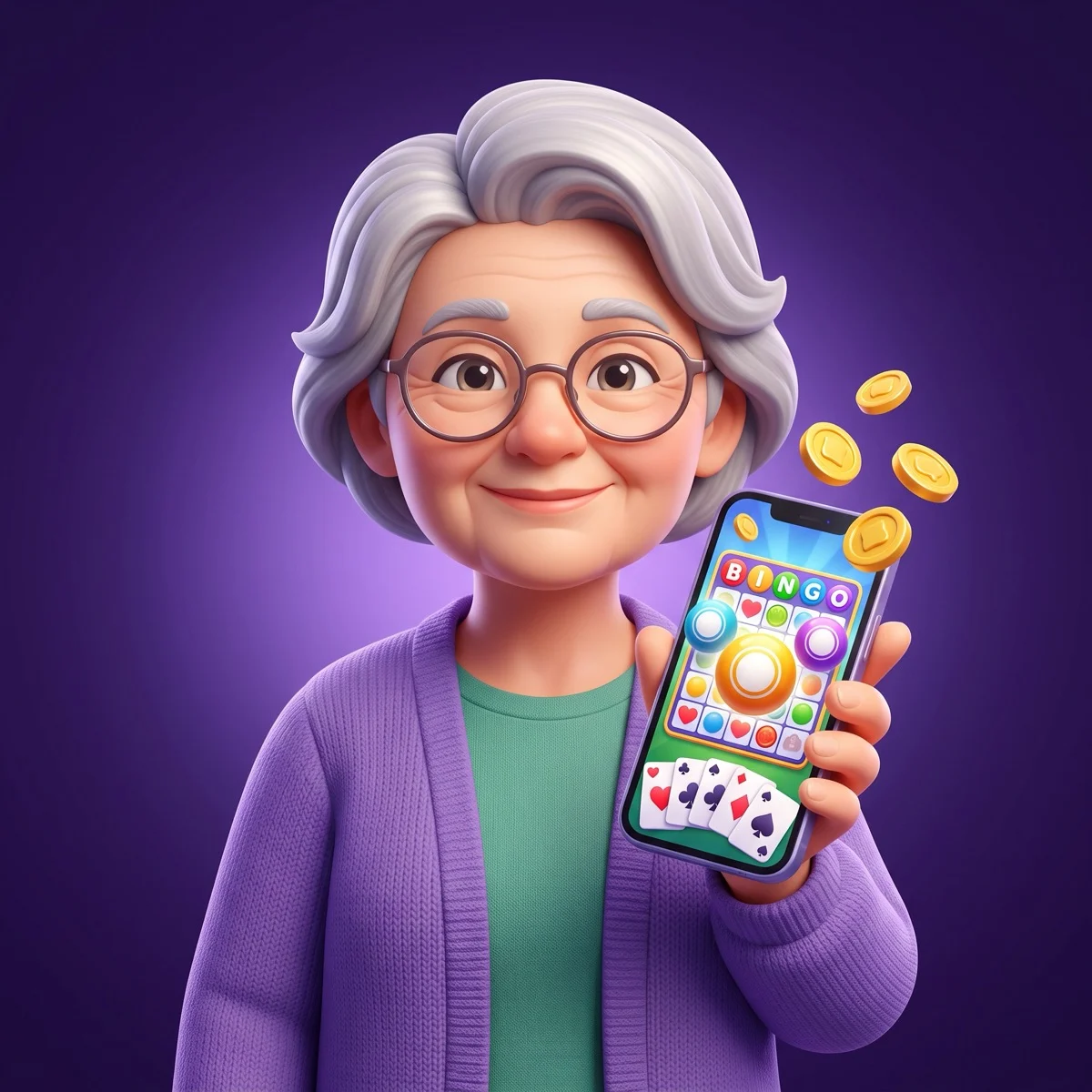 A relaxed older adult wearing reading glasses playing a colorful bingo game on a smartphone, with a few gold coins beside the phone