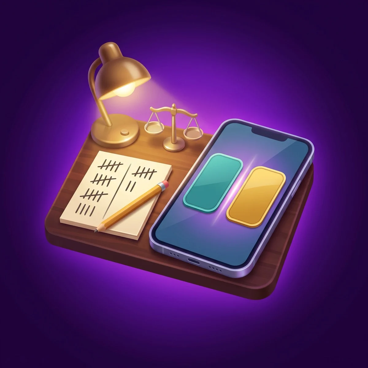 Glossy 3D cartoon of a small wooden desk on a deep purple background: a brass lamp lights a tiny balance scale, a notepad with two columns of tally marks and a pencil, and a smartphone showing two blank teal and gold panels