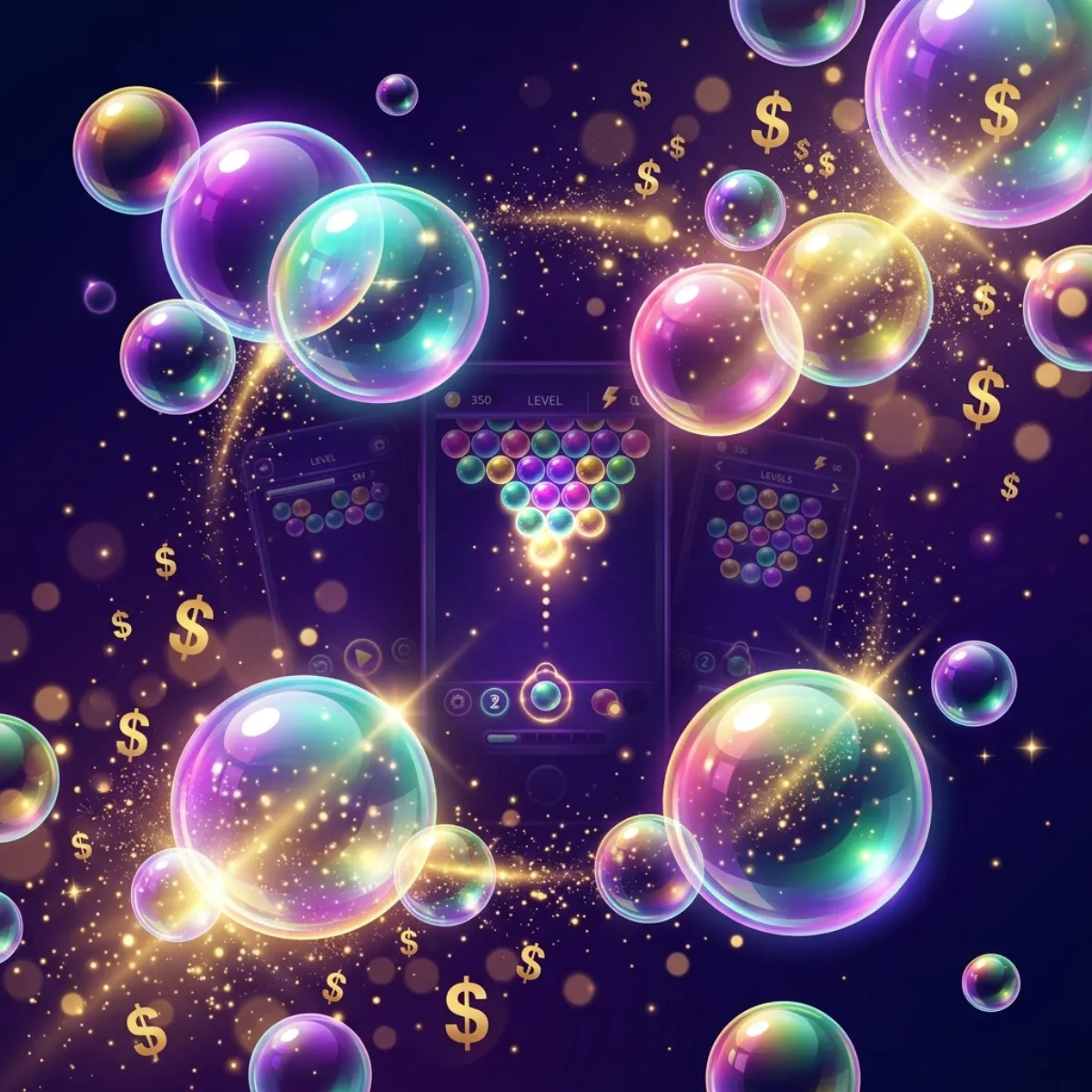 A vibrant bubble shooter game in action with colorful bubble clusters and cash prize indicators — illustrating the best real cash bubble shooter game of 2026