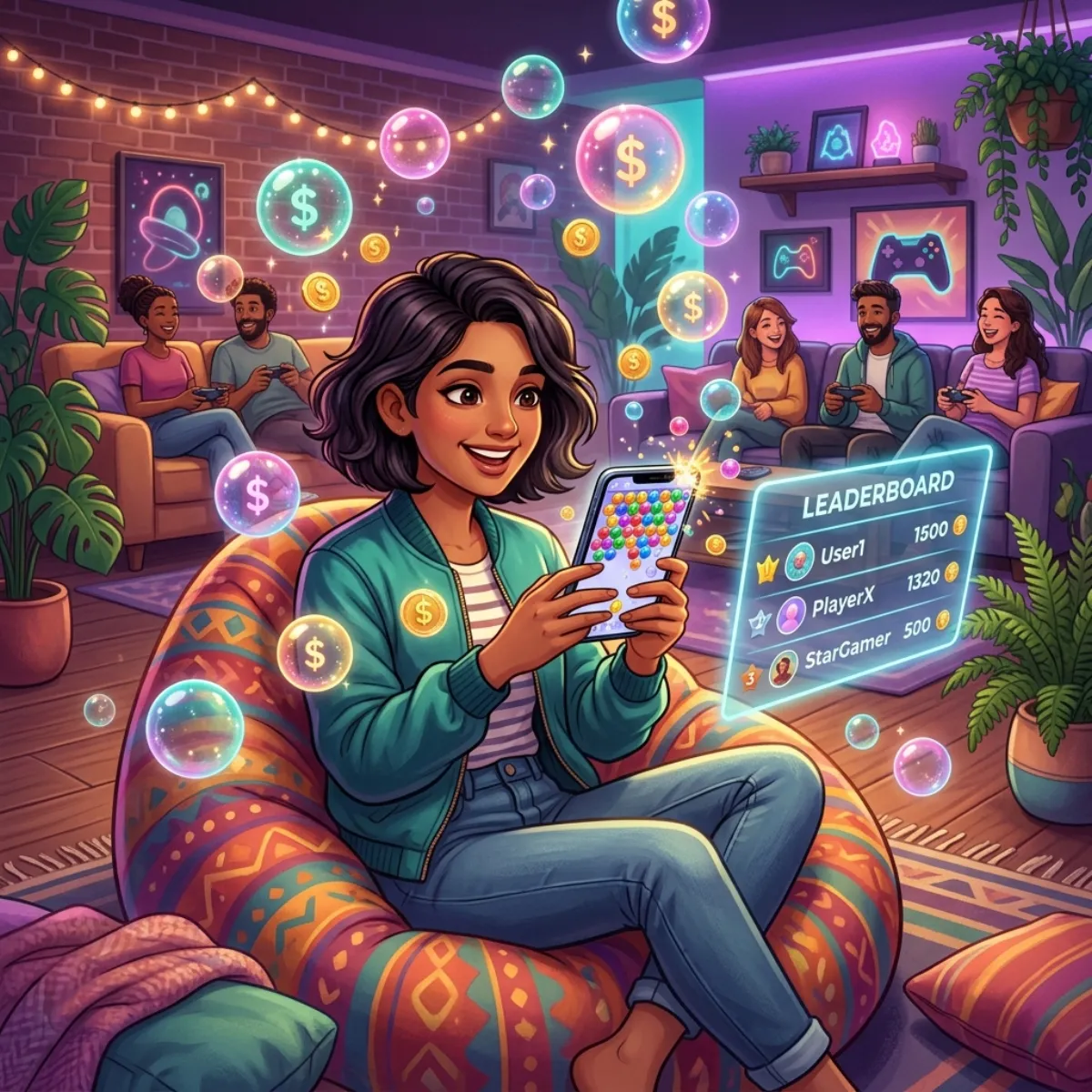 Young woman playing bubble shooter in a cozy gaming lounge