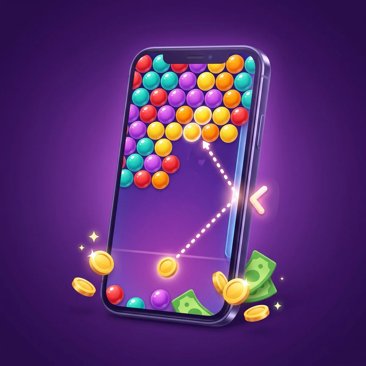 A smartphone showing a bubble shooter board with a dotted aiming line banking off the side wall into a cluster, gold coins and cash, on a deep purple background