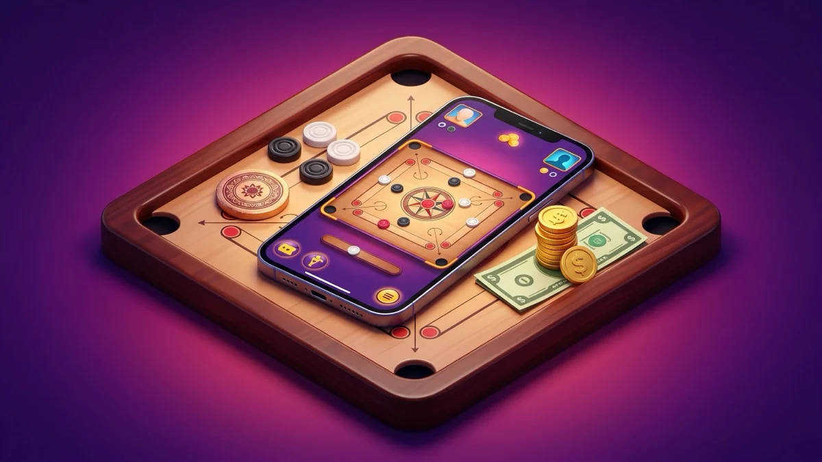 A smartphone resting on a wooden carrom board showing a real-money carrom match, with a small stack of gold coins and a dollar bill beside it — illustrating realistic side-cash earnings from real-money carrom apps