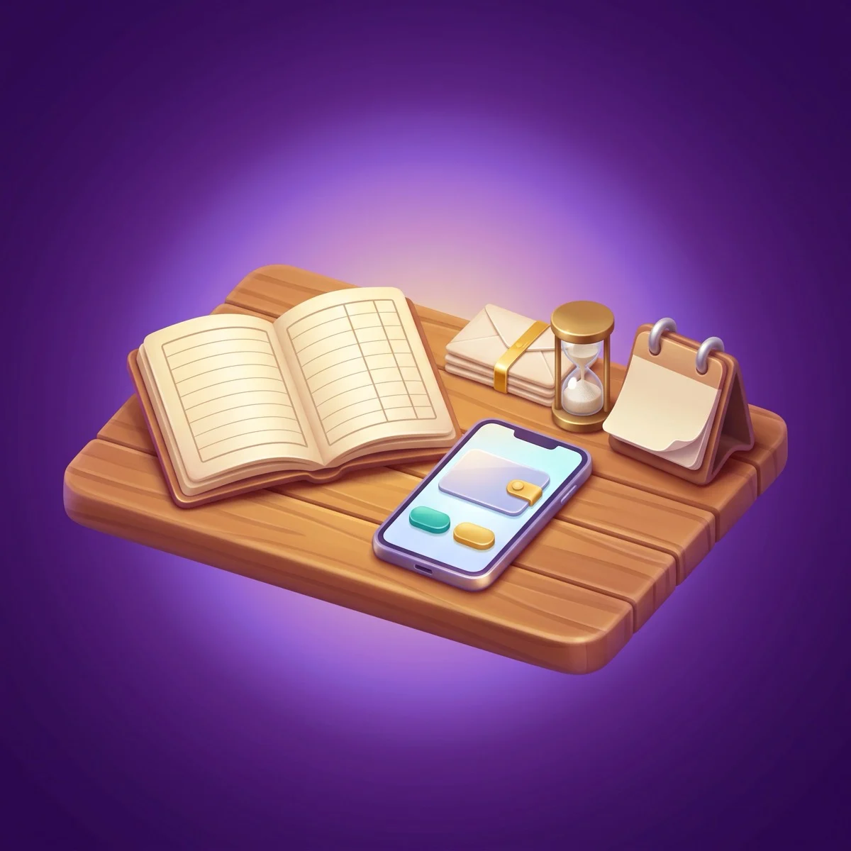Glossy 3D cartoon of a wooden desk on a deep purple background: an open ledger with blank columns, a phone showing a wallet screen with teal and gold buttons, a stack of sealed envelopes, a brass hourglass and a blank desk calendar
