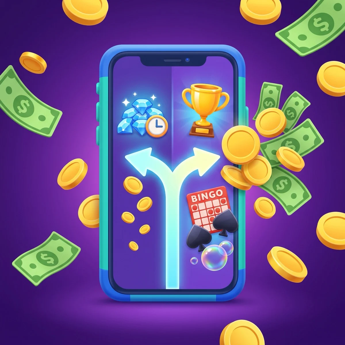 Glossy 3D cartoon illustration of a smartphone whose screen splits via a forked arrow into two paths — a rewards screen with blue gems and a clock for earning slowly over time, and a tournament screen with a golden trophy, bingo card, card spade and bubble for earning by skill — surrounded by floating gold coins and green US dollar bills on a deep purple background
