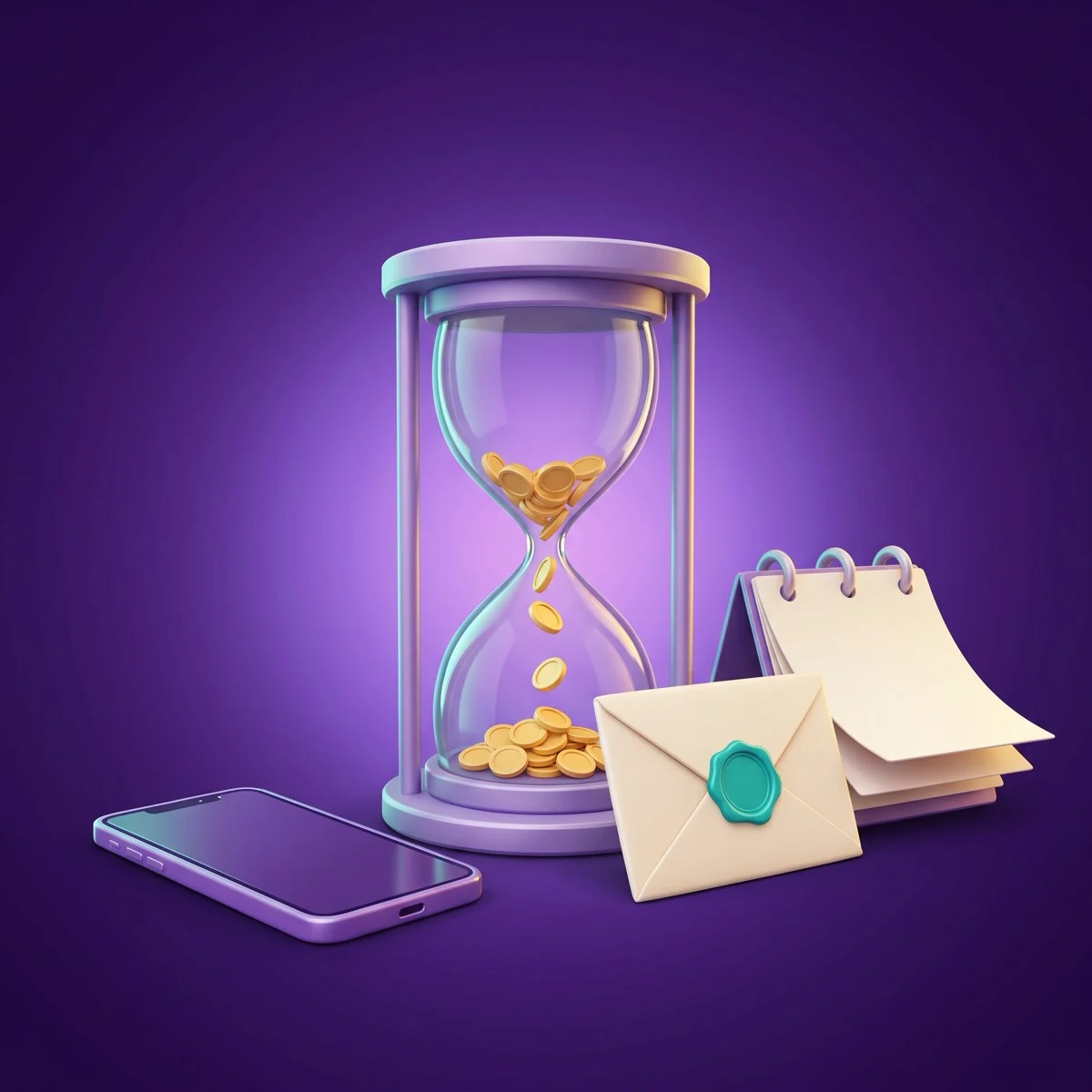 Glossy 3D cartoon of a lavender hourglass with gold coins trickling through it, beside a smartphone with a blank screen, a sealed envelope with a teal wax seal and a desk calendar with blank pages, on a deep purple background