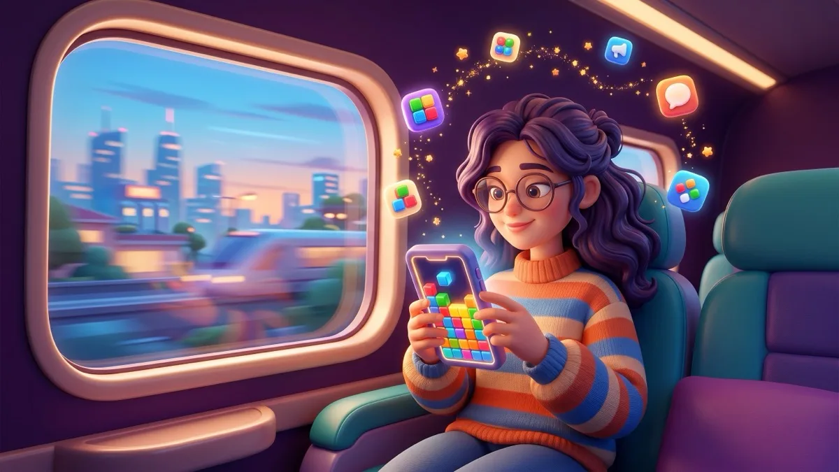A glossy illustration of a relaxed train passenger using a smartphone by the window with a city blurring past, representing productive things to do on your phone during a commute
