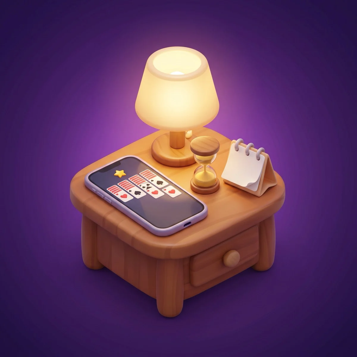 Glossy 3D cartoon of a wooden nightstand on a deep purple background with a glowing bedside lamp, a smartphone showing a finished solitaire-style card layout with a gold star, a small hourglass and a blank flip calendar
