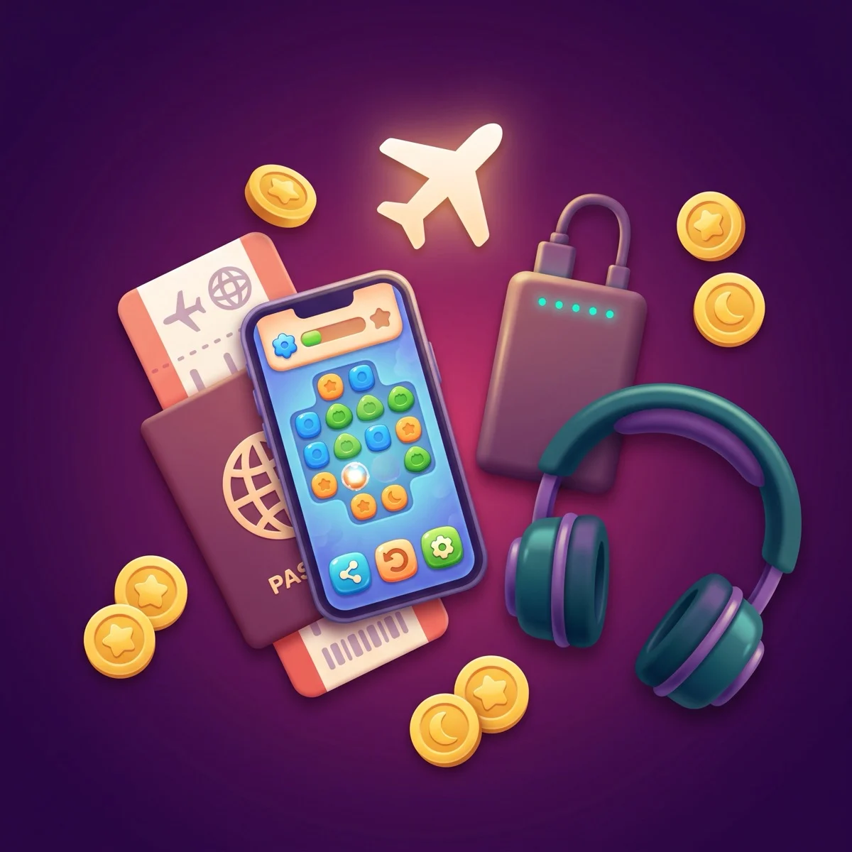 A flat-lay of travel-day phone prep: a smartphone showing a colorful puzzle game on top of a passport and boarding pass, next to a charged power bank, headphones, gold coins, and an airplane-mode icon, on a deep purple background
