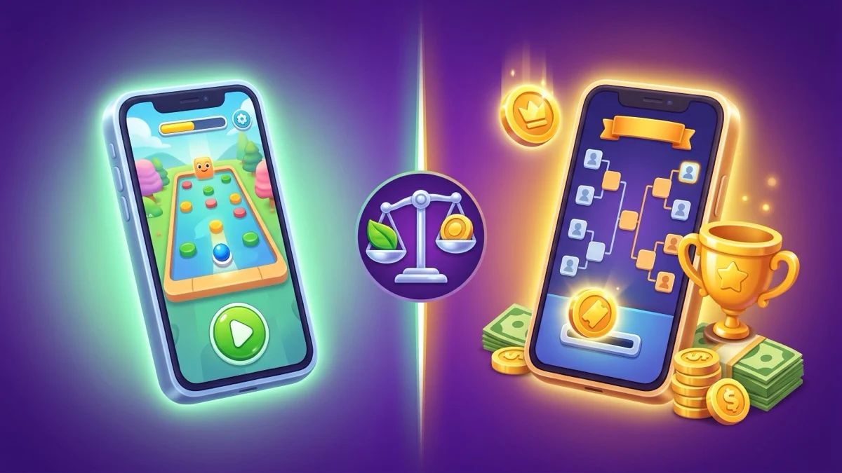 Split-screen 3D cartoon illustration: on the left a phone in calm free 'practice' mode with a green glow, on the right a phone with a tournament bracket, a gold trophy, coins and an entry-ticket coin dropping in — free cash games versus paid entry tournaments