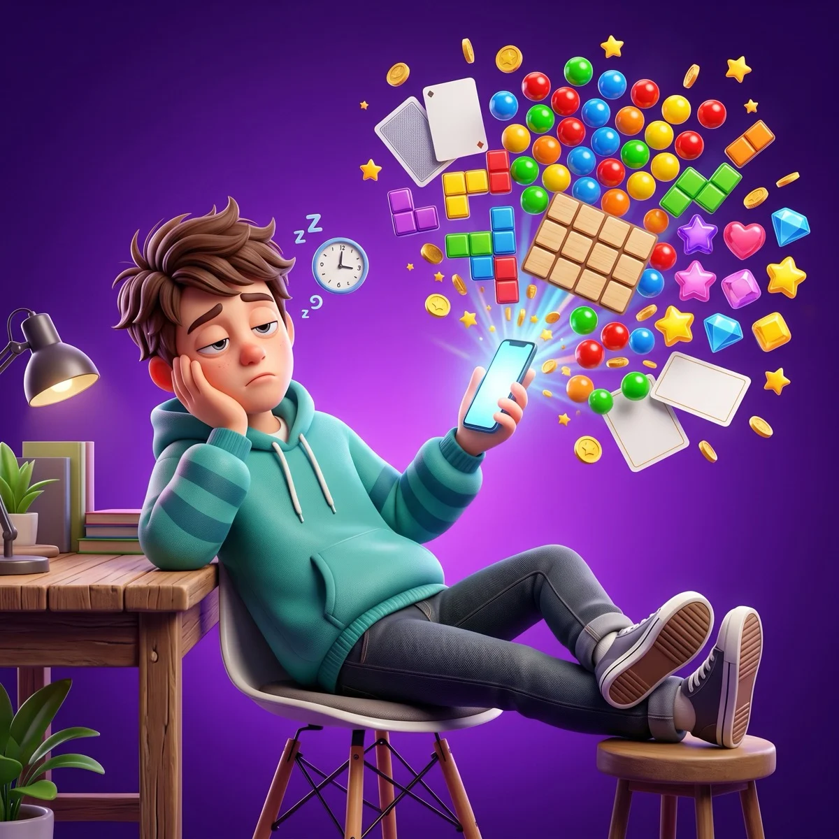 A bored person resting their cheek on one hand holds a phone whose screen bursts into a colorful fan of bubble-shooter bubbles, block-puzzle tiles, a word grid, playing cards, and gold coins — fun mobile games to play when bored