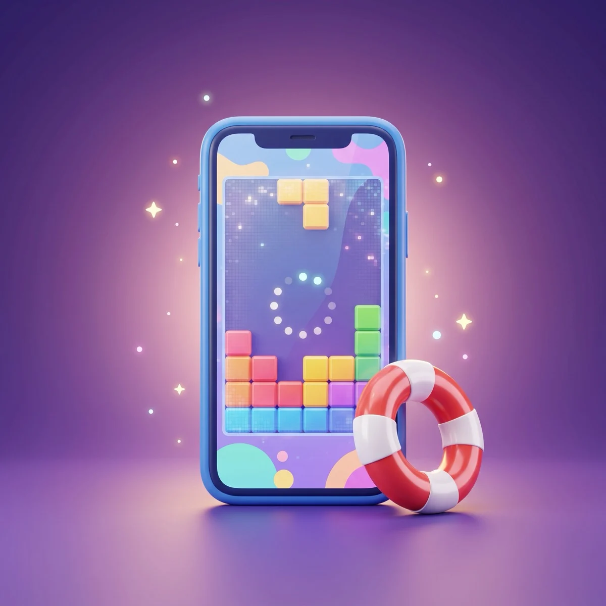 Glossy 3D cartoon of a smartphone with a frozen block puzzle and a loading spinner on screen, a red and white life ring leaning against it on a deep purple background
