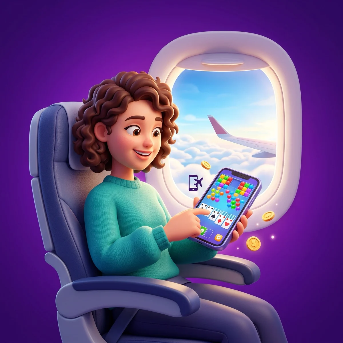 A passenger in a window seat playing a colorful mobile puzzle game on their phone in airplane mode, with clouds and a plane wing visible outside: the best mobile games for long flights and travel