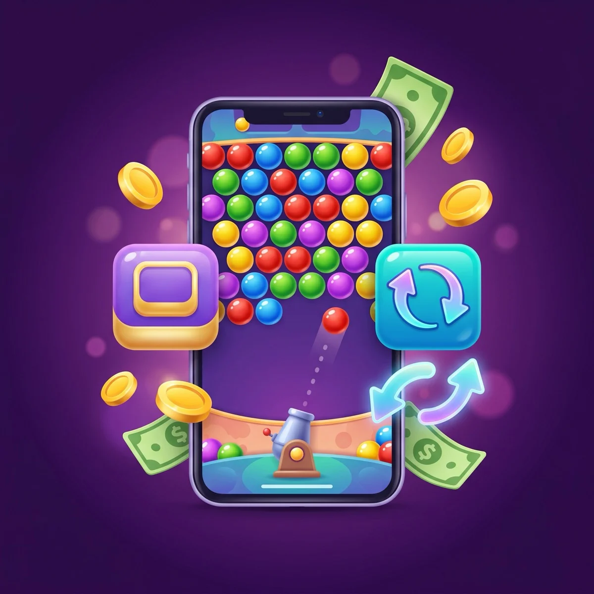 Colorful bubble-shooter game board on a smartphone with rows of red, blue, green, and yellow bubbles and an aiming cannon, surrounded by gold coins — illustrating bubble-shooter cash games like Bubble Cash and its alternatives