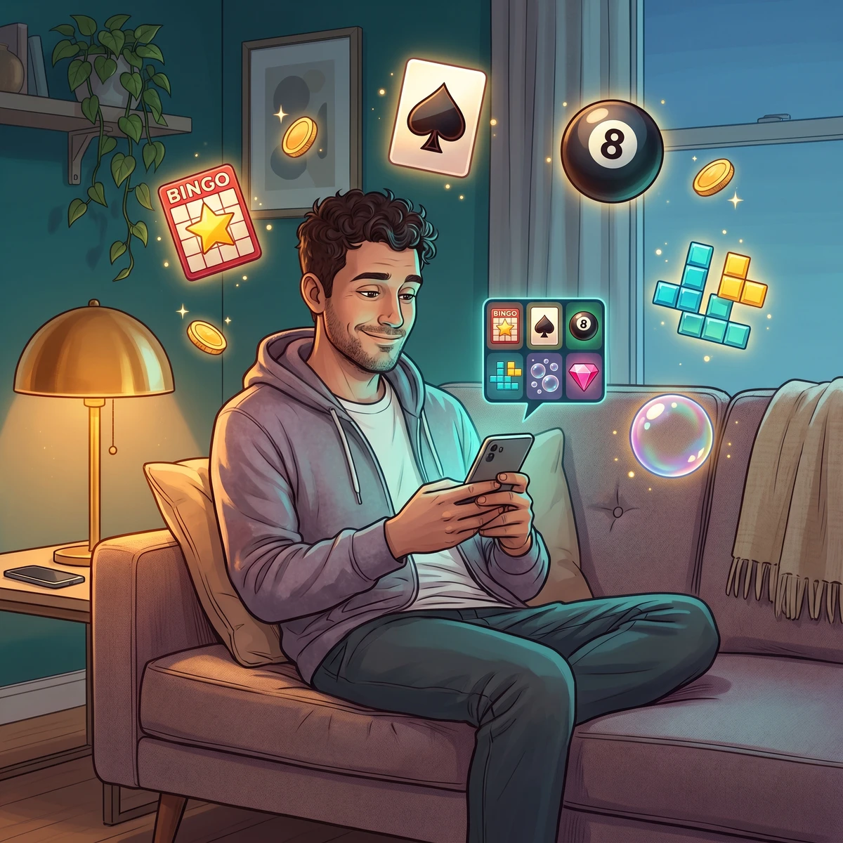Painterly editorial illustration of a young man in his early 30s with short dark curly hair, wearing a soft heather-grey hoodie, sitting on a mid-century sofa in a softly-lit contemporary apartment, looking at his smartphone with a thoughtful half-smile, while five skill-game category icons float around him with golden glow — a red bingo card with a yellow star, a black solitaire spade, a glossy billiard 8-ball, cyan and yellow tetromino blocks, and a rainbow soap bubble — with gold coins drifting between them, a warm brass lamp on a side table next to a face-down second smartphone, and a deep blue twilight window behind him