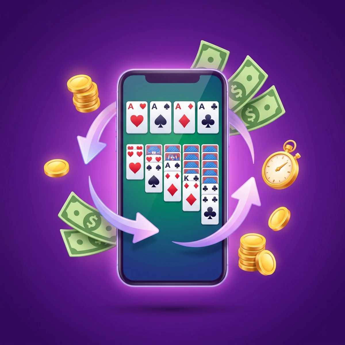 Klondike solitaire board on a smartphone with ace foundations and a cascading tableau, surrounded by gold coins and swap arrows, illustrating solitaire cash games like Solitaire Cash and its alternatives
