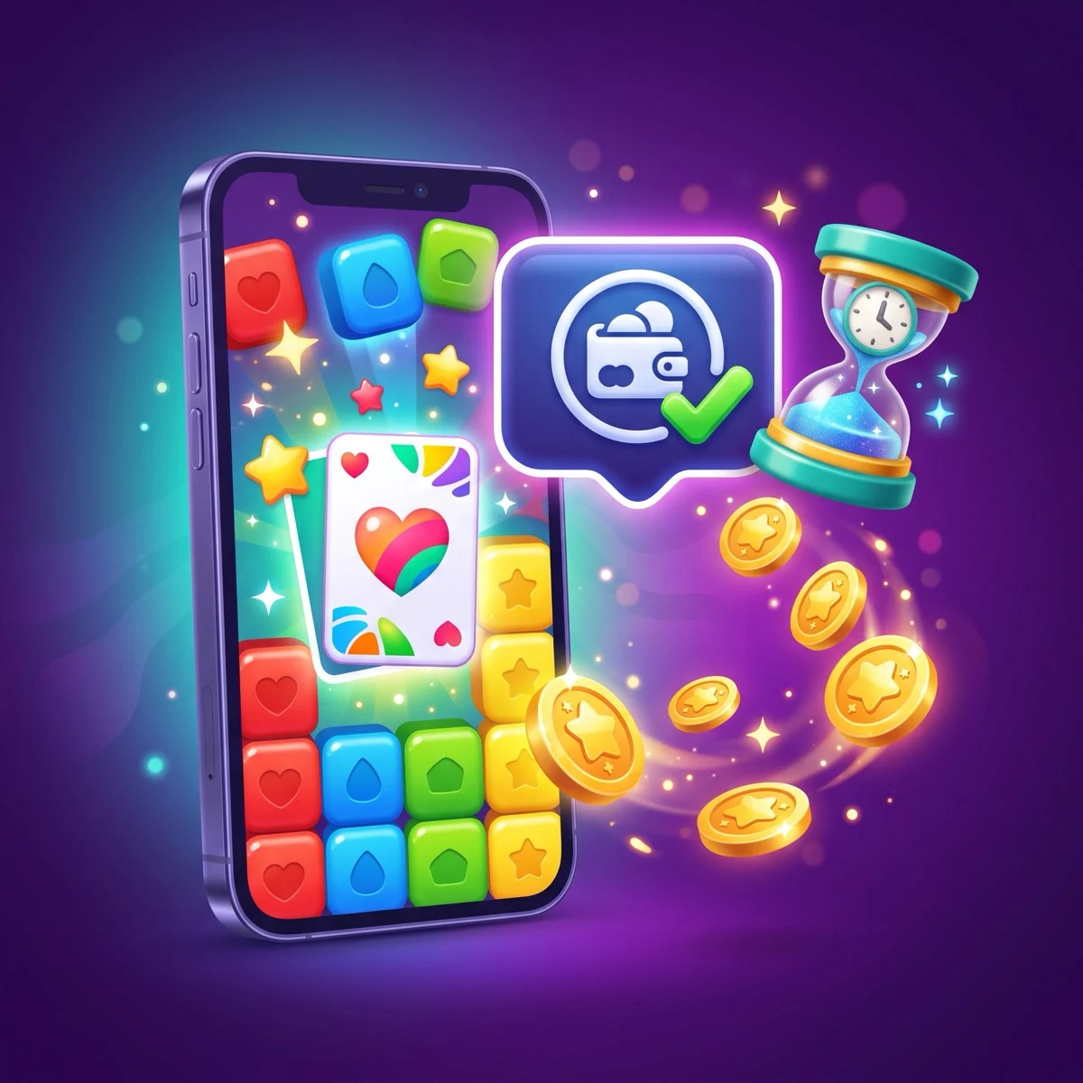 A smartphone showing a colorful mobile puzzle game beside a PayPal-style payment notification and gold coins, with a small clock icon signalling payout timing: games that pay instantly to PayPal